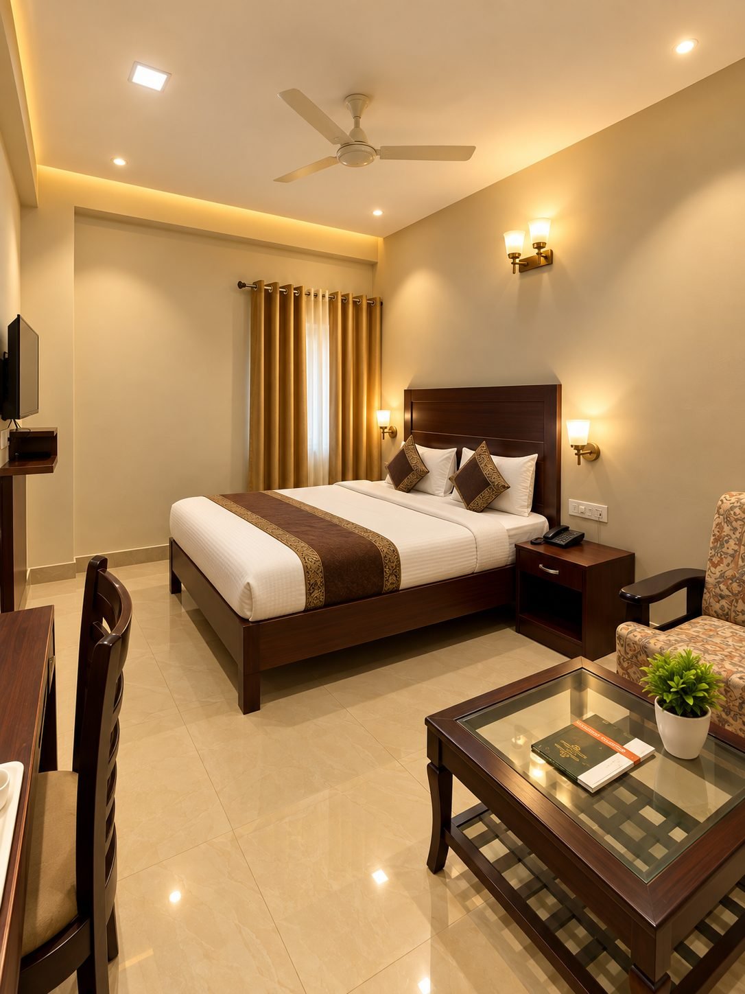 Deluxe Double Room with a dark wood bed, brown and gold bed runner and gold curtains
